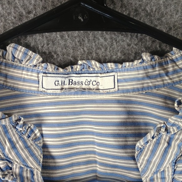 GH Bass Blouse Women Frilled V Neck Button Down Mid Sleeve Striped Blue/White - Picture 3 of 7